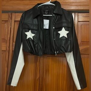 Forever 21 Black and White Leather Jacket with Star Accents